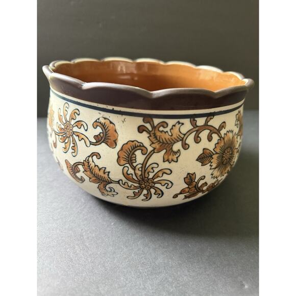 Vintage Stoneware Pottery Ruffle Bowl Brown Beige Glazed Scalloped Handcrafted - Picture 2 of 10